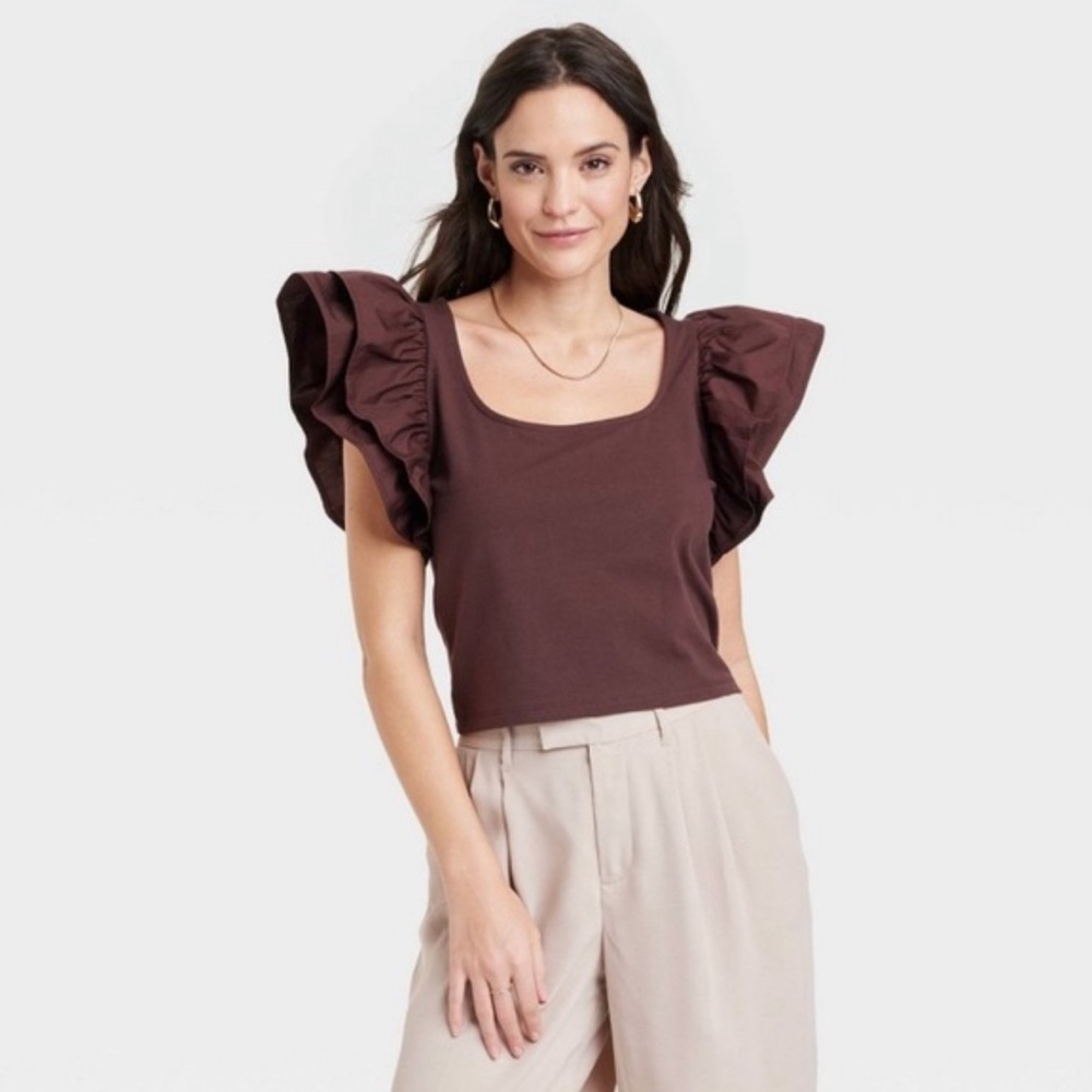 A New Day Ruffle Sleeve Brown Top